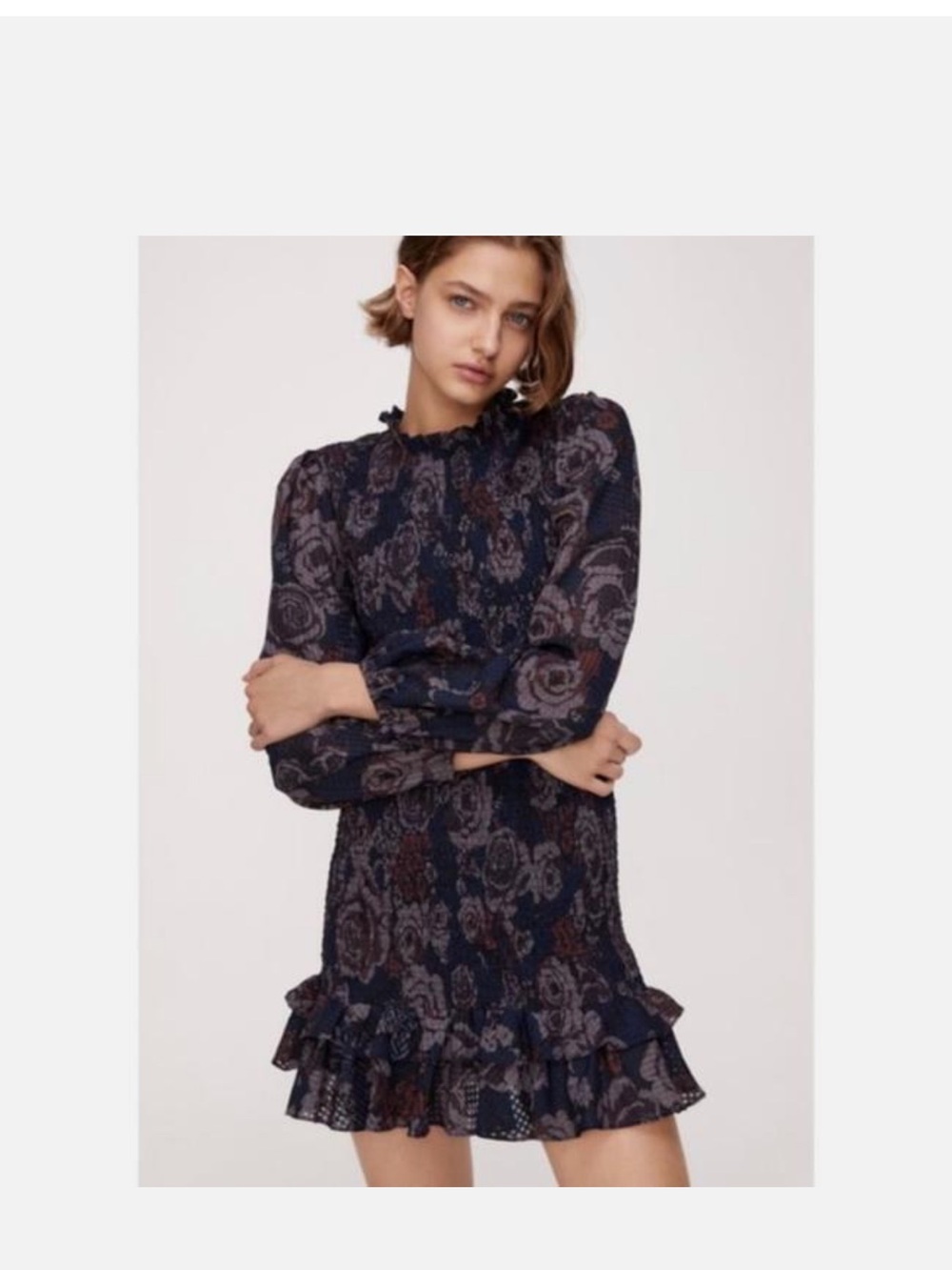 Zara Navy Floral Smocked Long-Sleeve Ruffle-Hem Dress